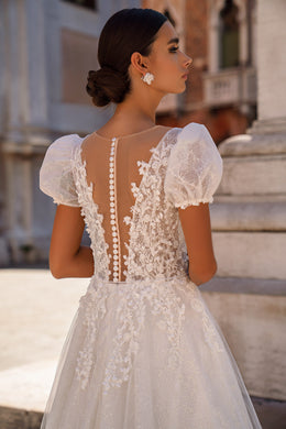 A-Line Wedding Dress with Puff Sleeves and Illusion Bodice