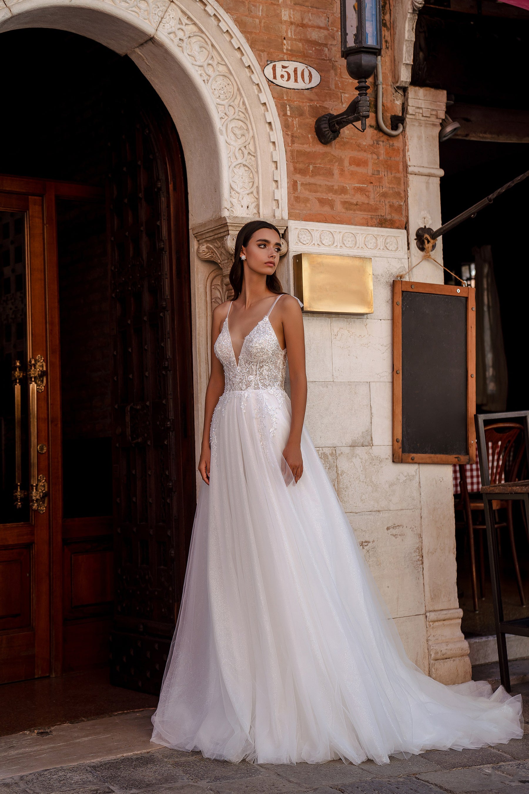 A-Line Wedding Dress with Plunging V-Neck and Beaded Lace Bodice