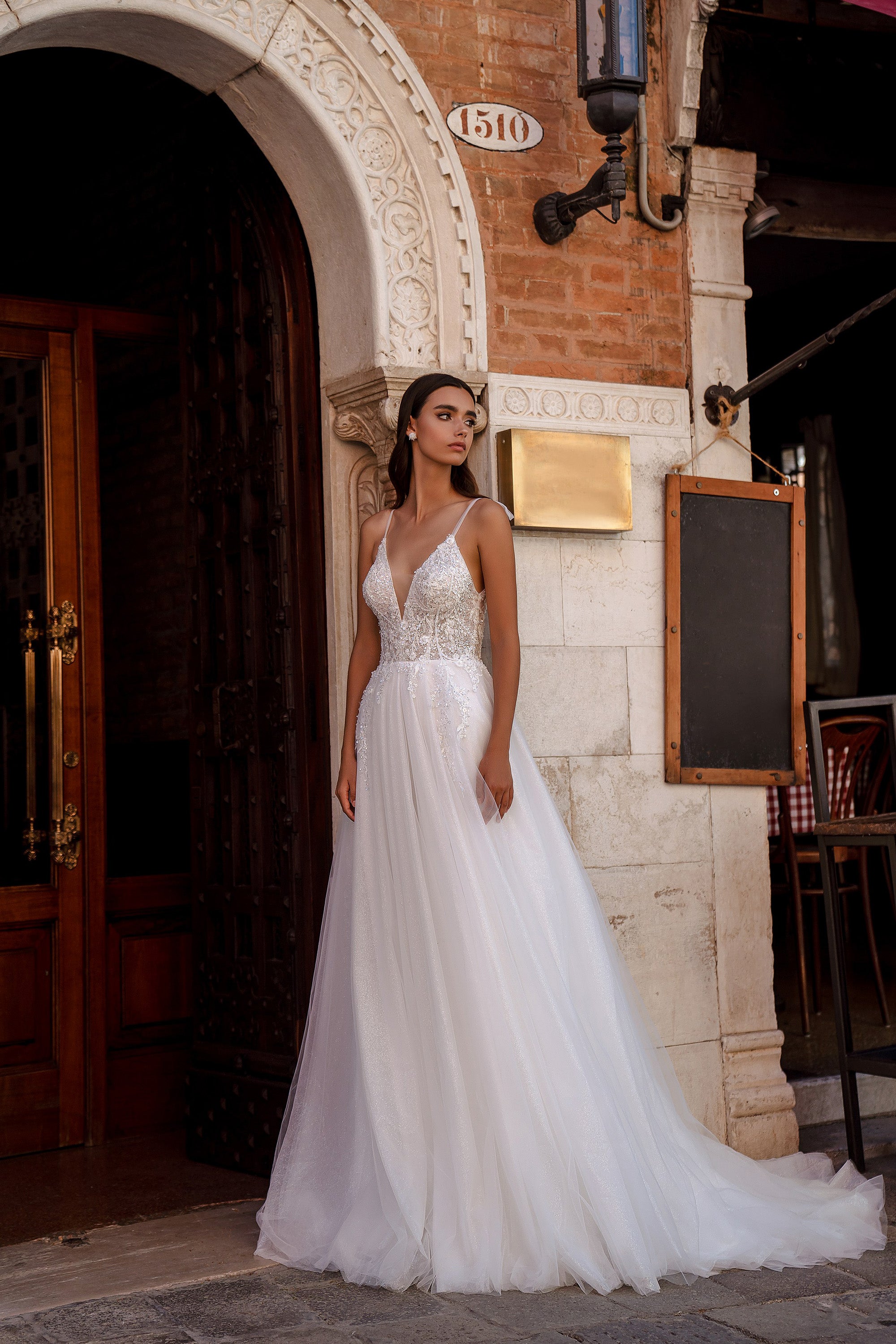 A-Line Wedding Dress with Plunging V-Neck and Beaded Lace Bodice