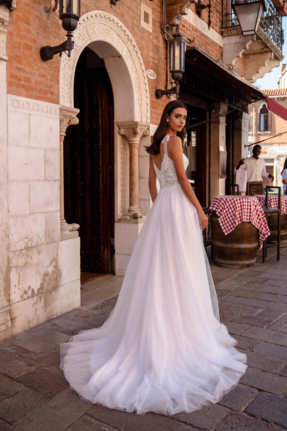 A-Line Wedding Dress with Plunging V-Neck and Beaded Lace Bodice