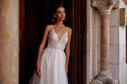 A-Line Wedding Dress with Plunging V-Neck and Beaded Lace Bodice