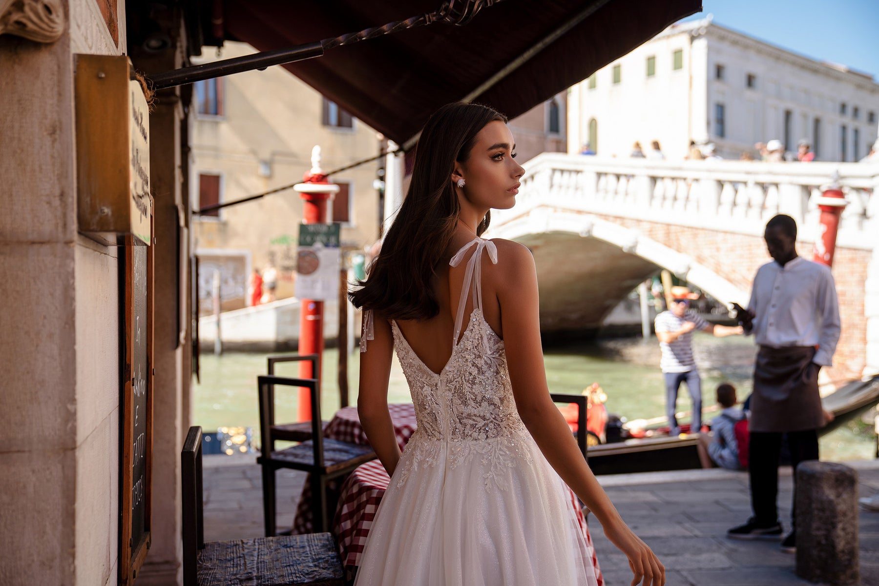 A-Line Wedding Dress with Plunging V-Neck and Beaded Lace Bodice
