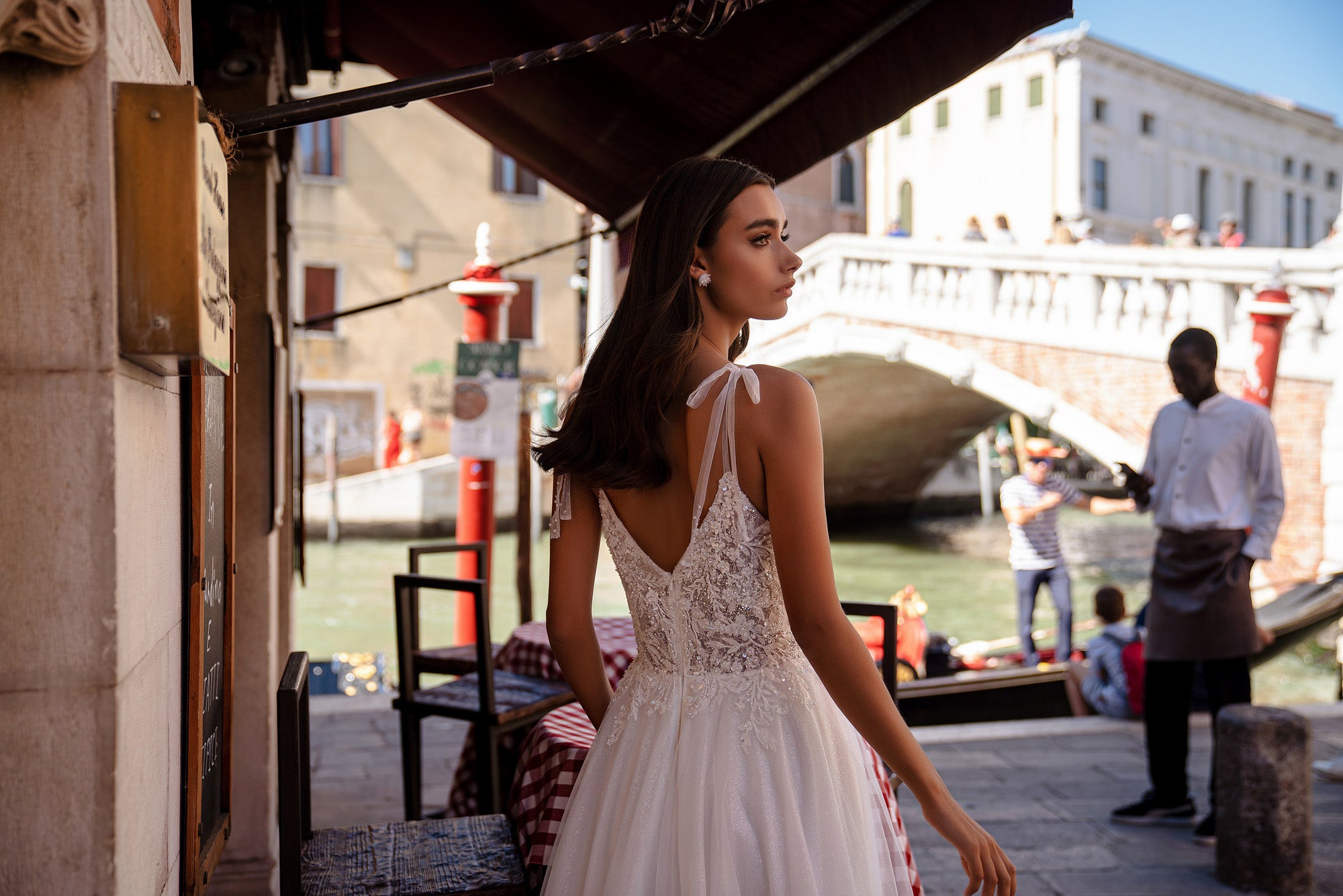 A-Line Wedding Dress with Plunging V-Neck and Beaded Lace Bodice