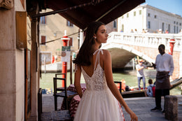 A-Line Wedding Dress with Plunging V-Neck and Beaded Lace Bodice