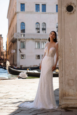 Sheath Wedding Dress with Illusion Long Sleeves and Beaded Detail