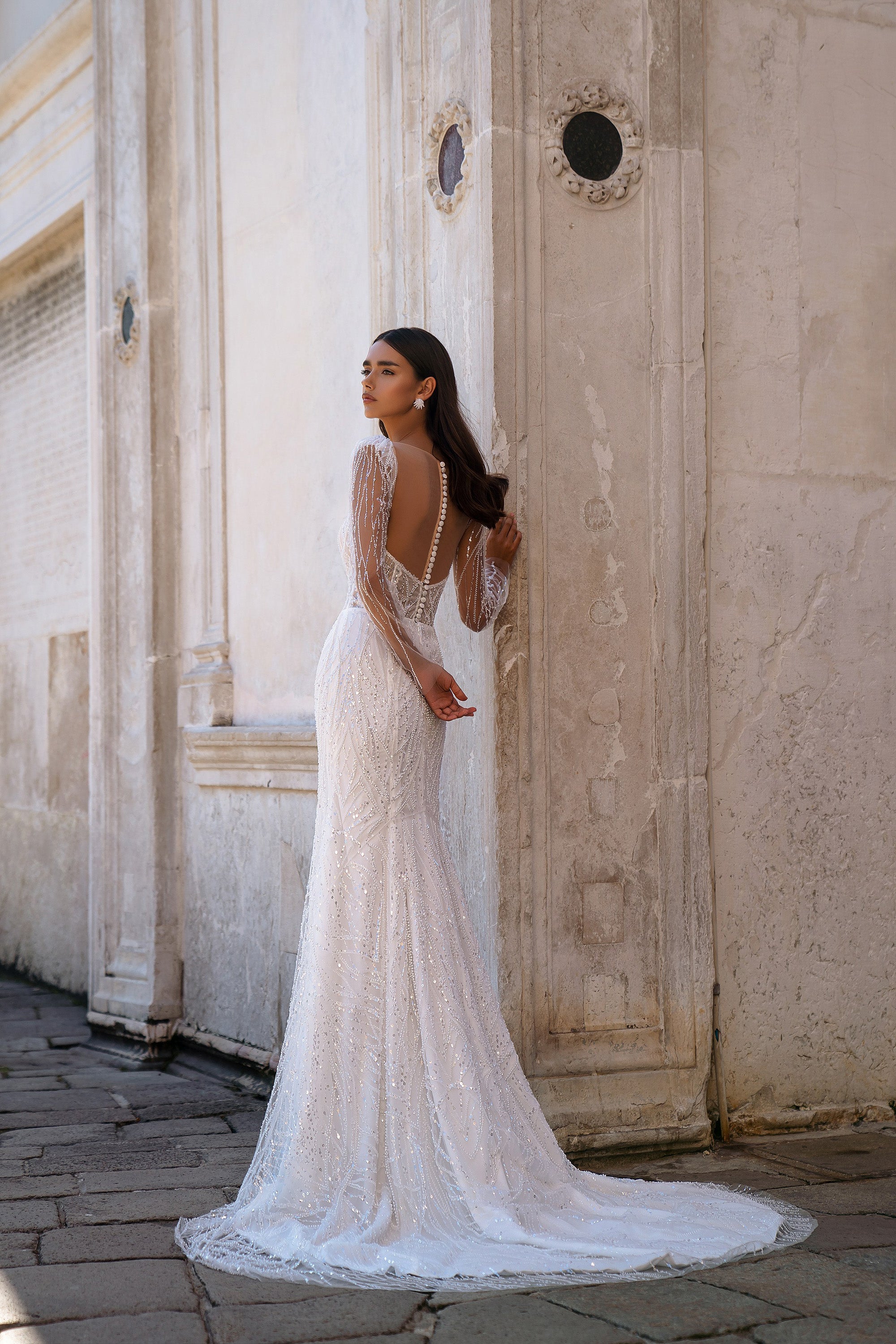Sheath Wedding Dress with Illusion Long Sleeves and Beaded Detail
