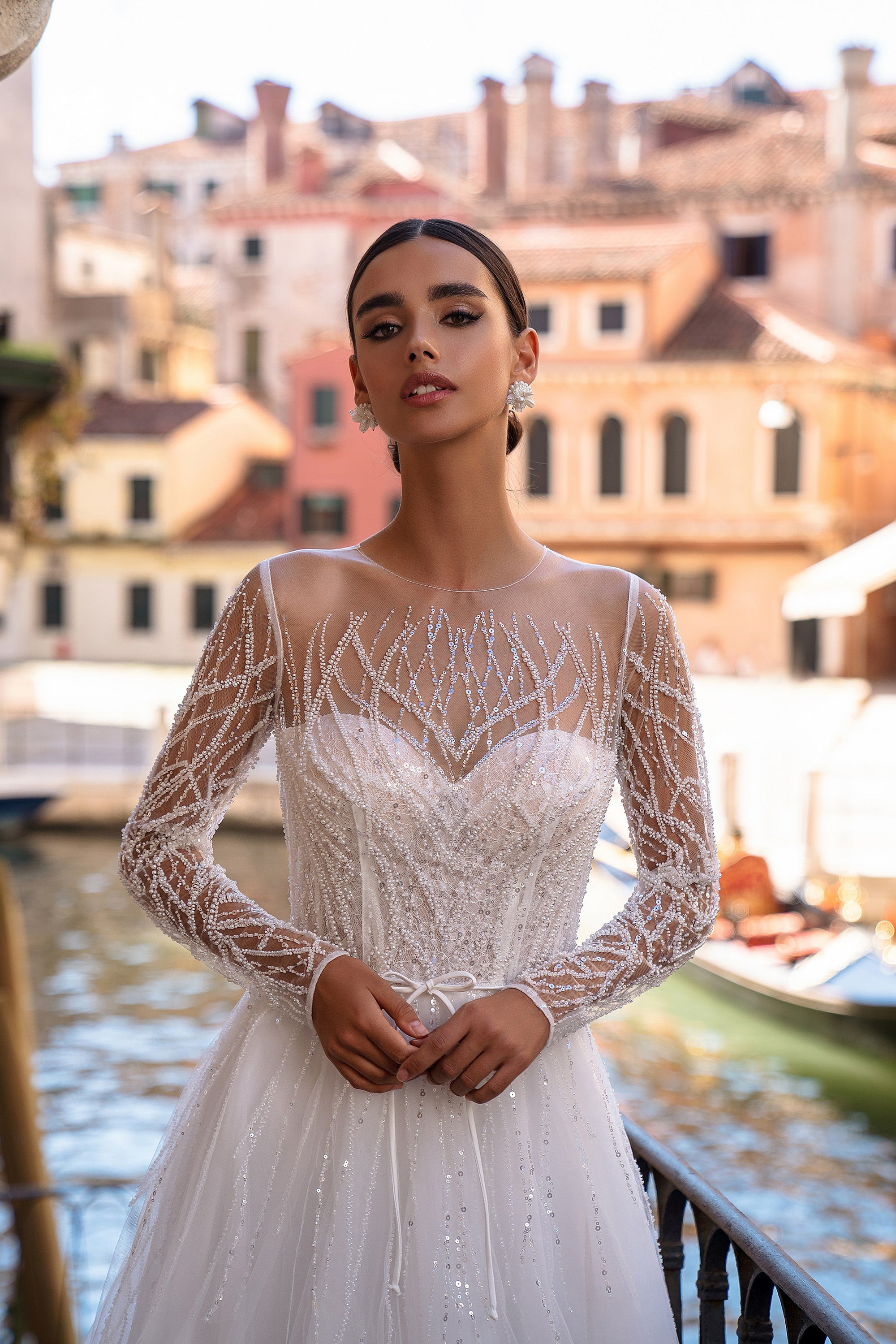 A-Line Wedding Dress with Illusion Long Sleeves and Beaded Bodice
