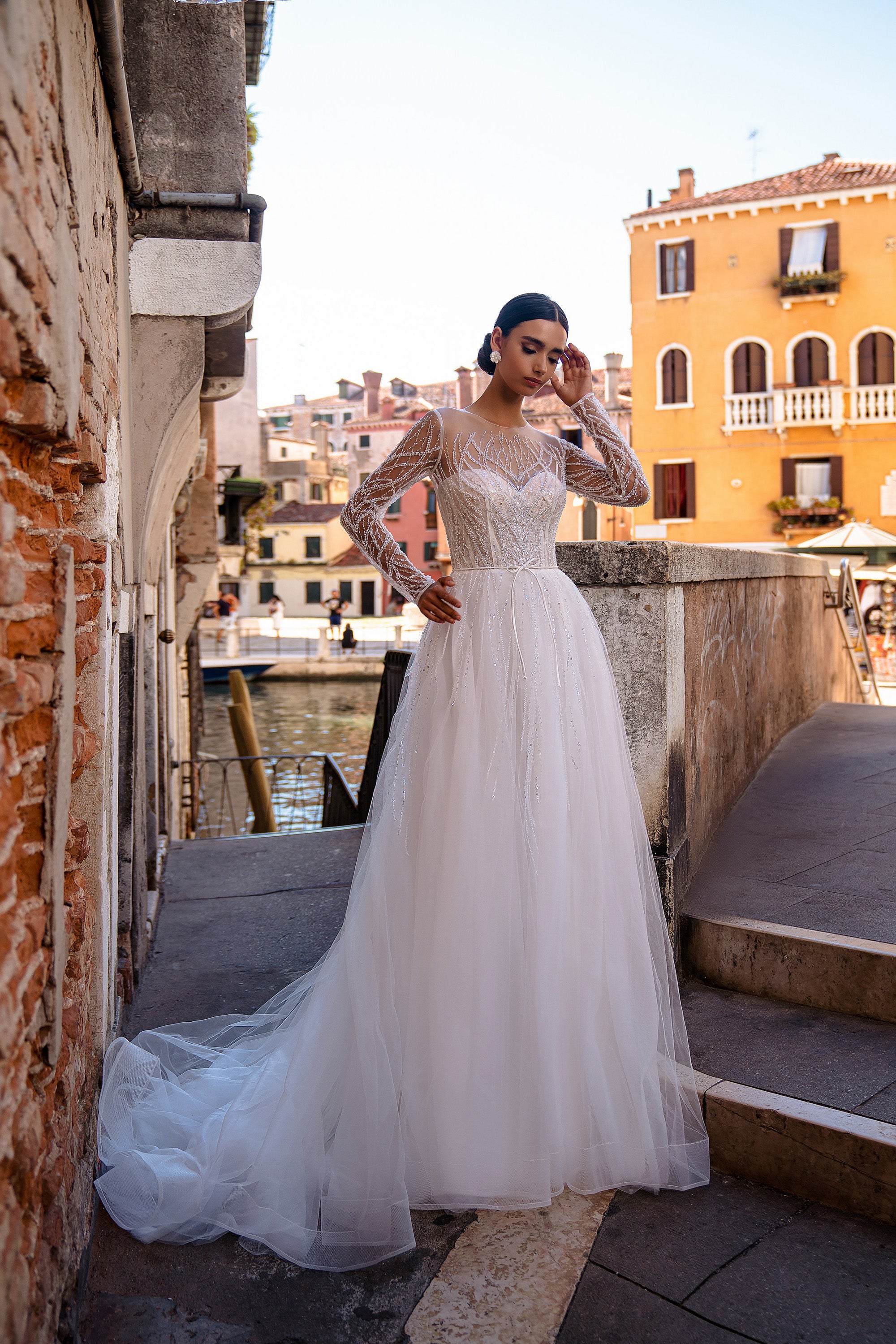 A-Line Wedding Dress with Illusion Long Sleeves and Beaded Bodice