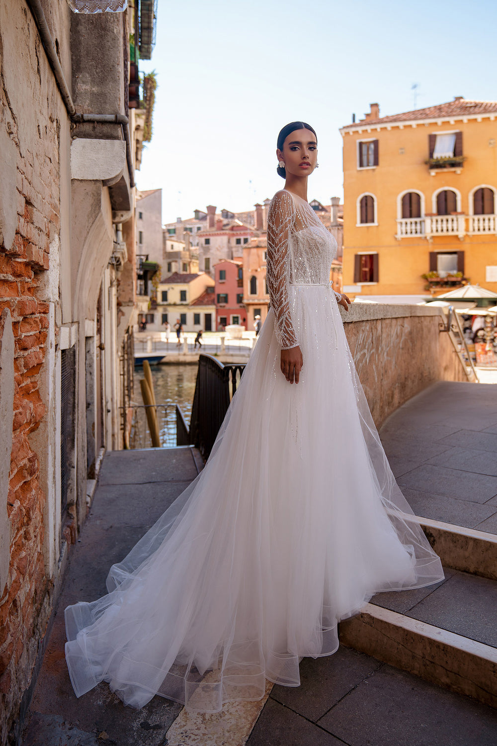 A-Line Wedding Dress with Illusion Long Sleeves and Beaded Bodice