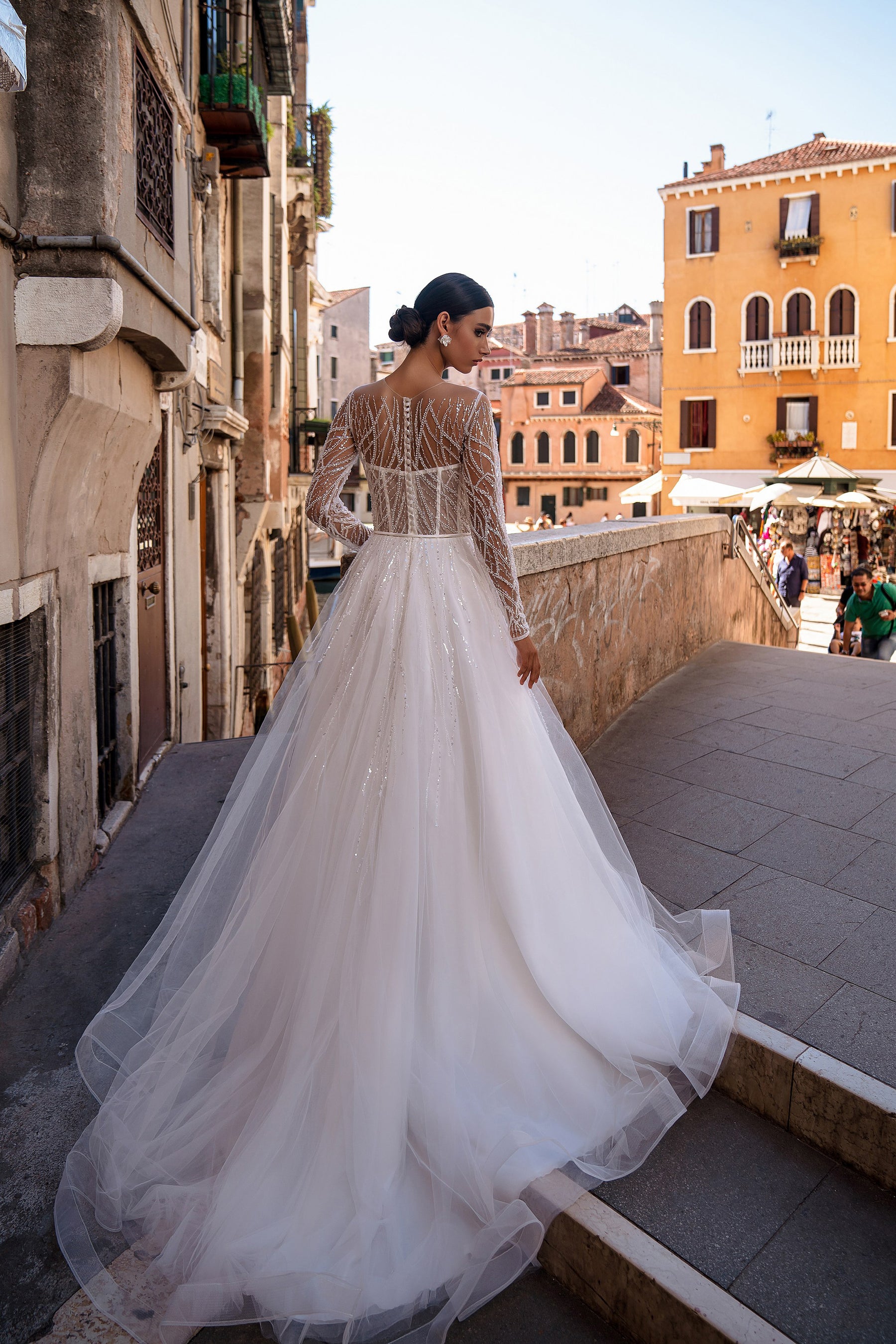 A-Line Wedding Dress with Illusion Long Sleeves and Beaded Bodice