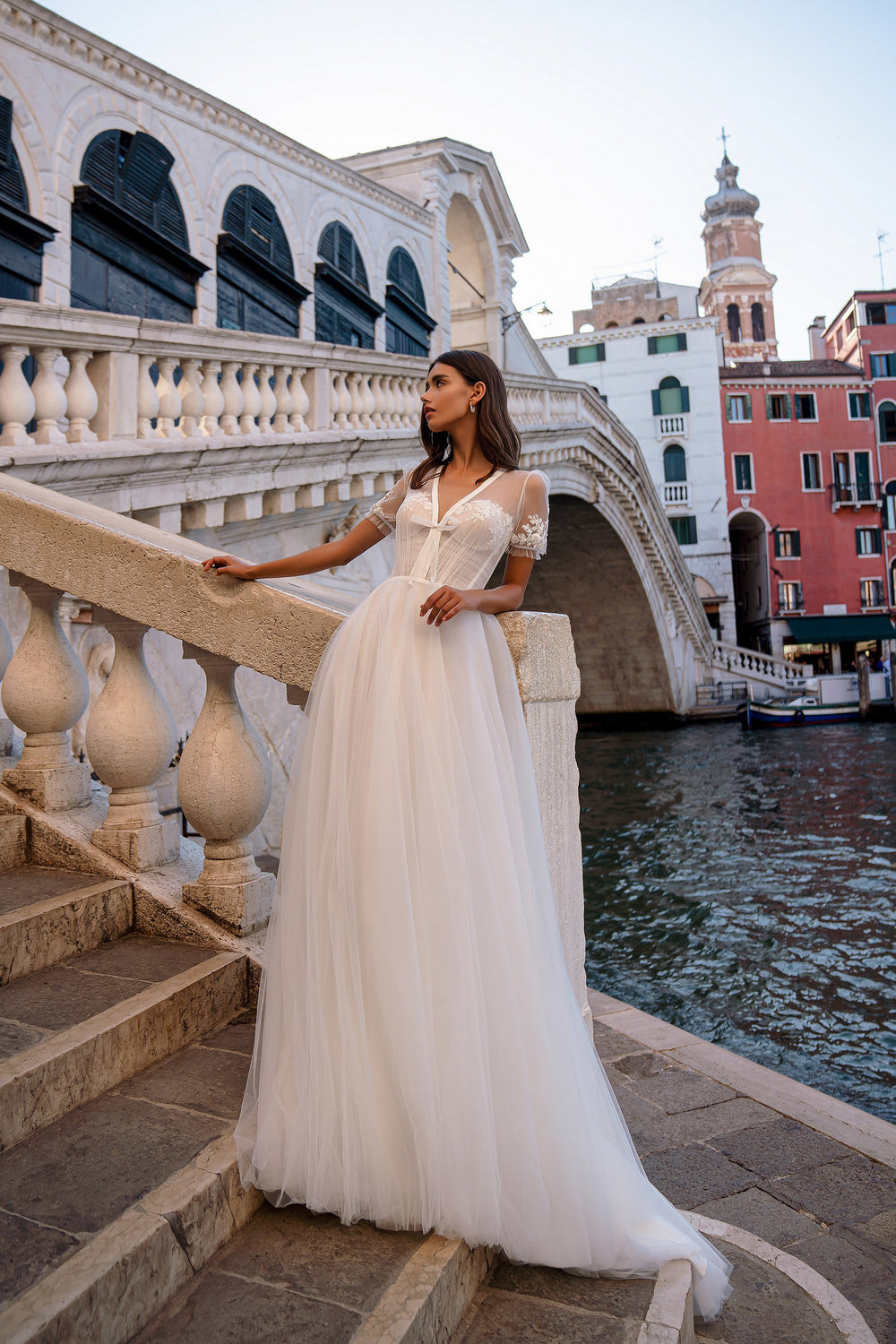 A-Line Wedding Dress with V-Neck Bodice and Sheer Short Sleeves