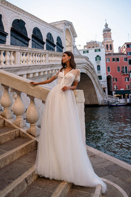 A-Line Wedding Dress with V-Neck Bodice and Sheer Short Sleeves