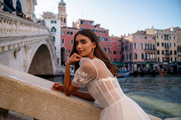 A-Line Wedding Dress with V-Neck Bodice and Sheer Short Sleeves