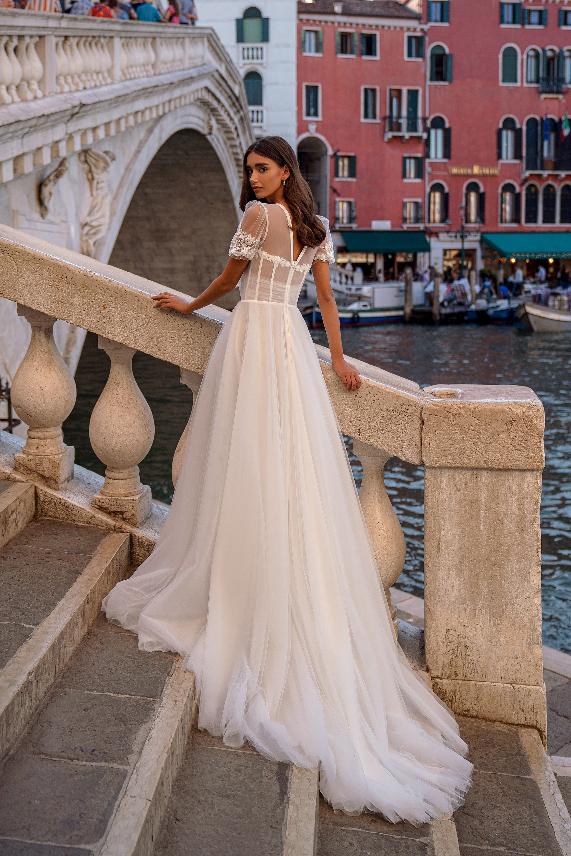 A-Line Wedding Dress with V-Neck Bodice and Sheer Short Sleeves