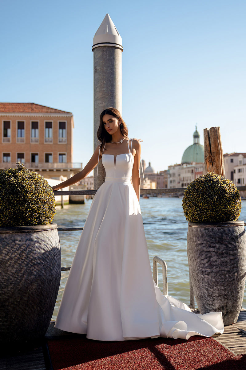 Minimalist A-Line Wedding Dress with Tie Straps and Low Back