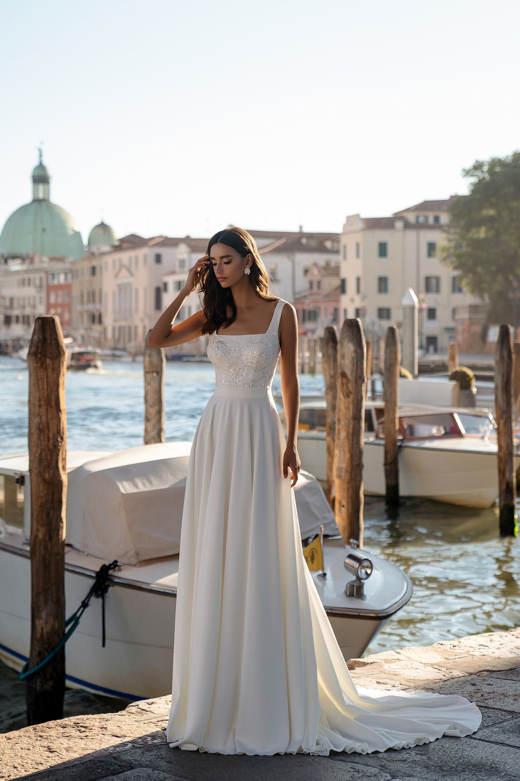 A-Line Satin Wedding Dress with Floral Beaded Bodice