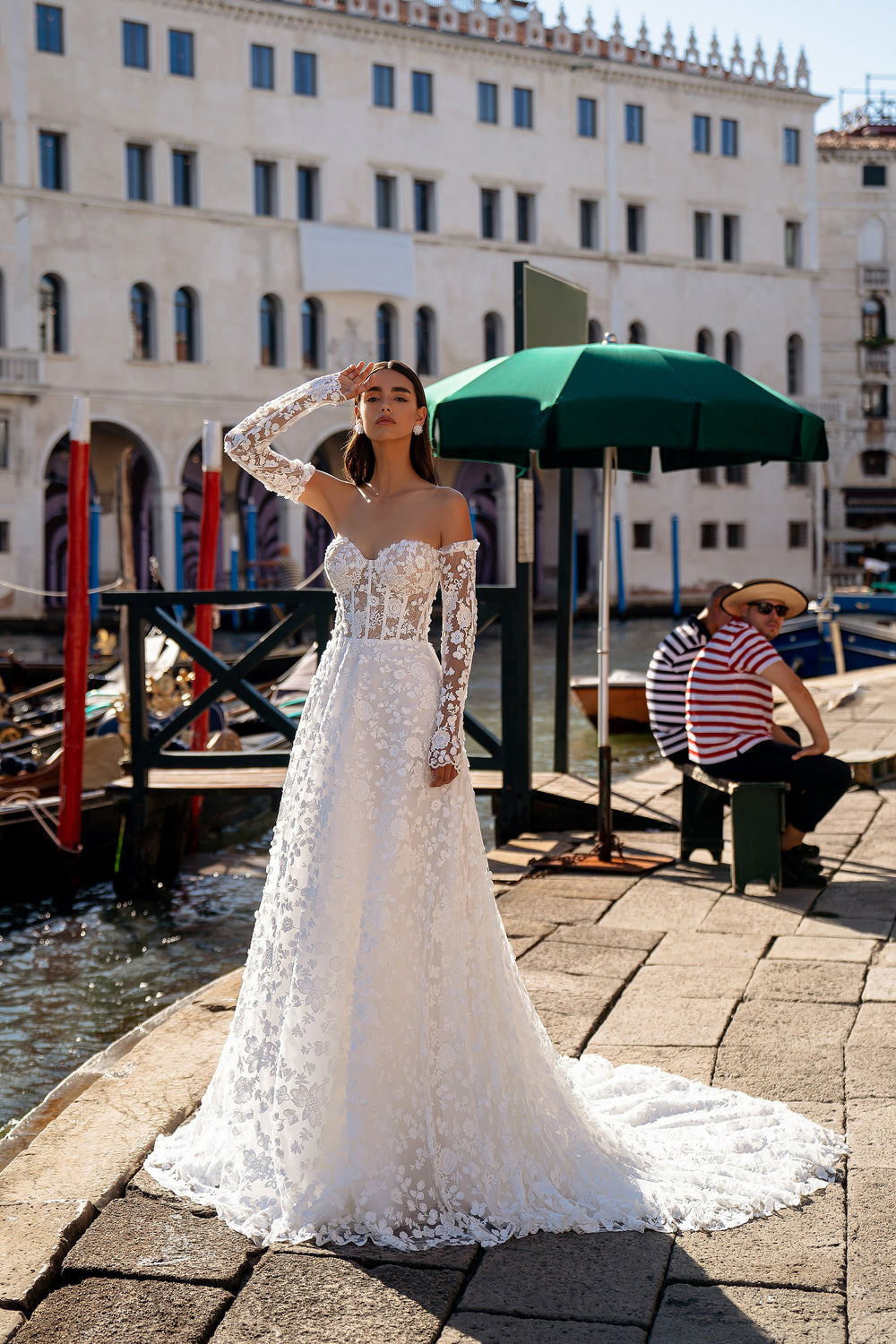 Off-the-Shoulder Lace Sheath Wedding Dress with Long Sleeves