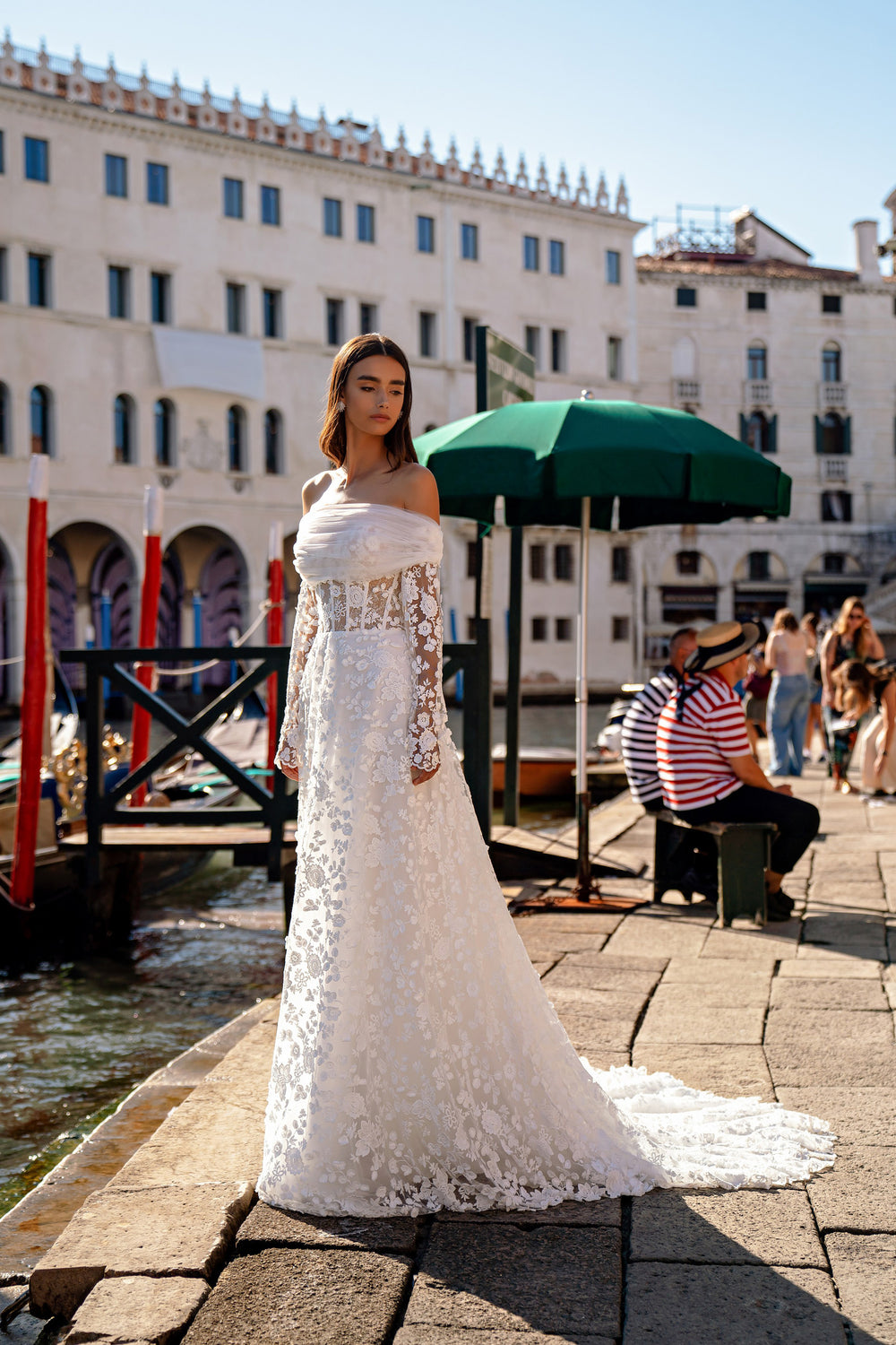 Off-the-Shoulder Lace Sheath Wedding Dress with Long Sleeves