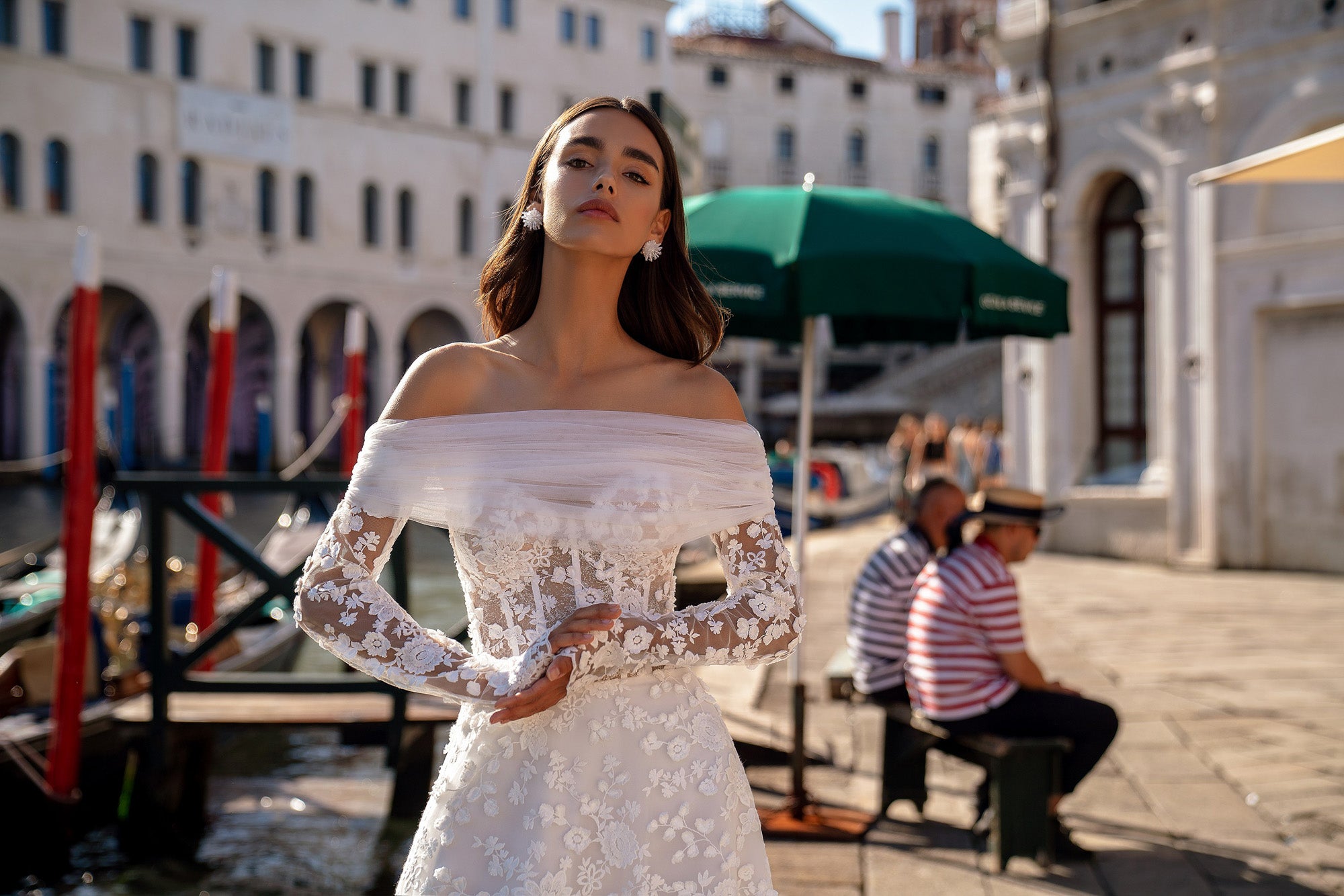 Off-the-Shoulder Lace Sheath Wedding Dress with Long Sleeves