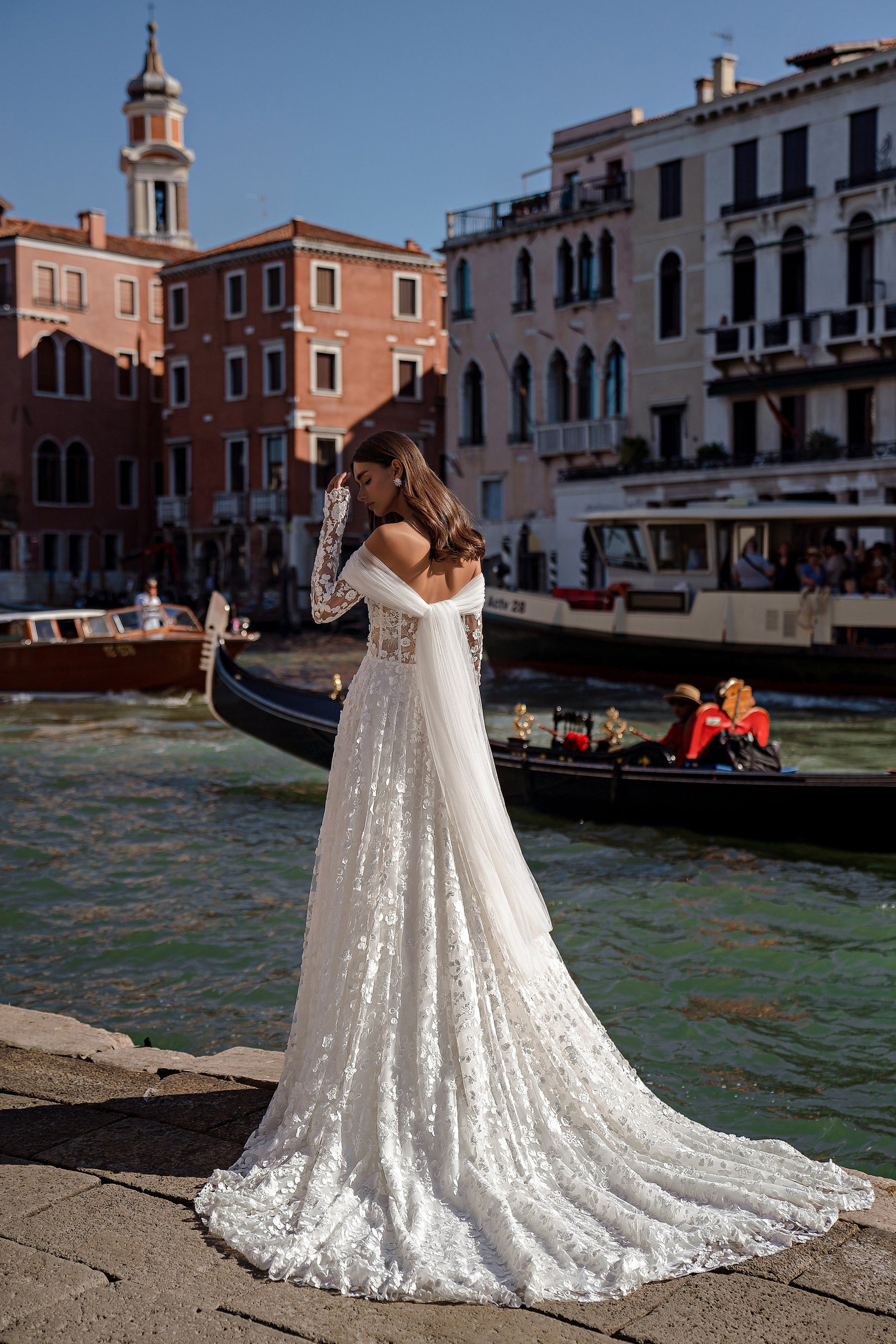 Off-the-Shoulder Lace Sheath Wedding Dress with Long Sleeves