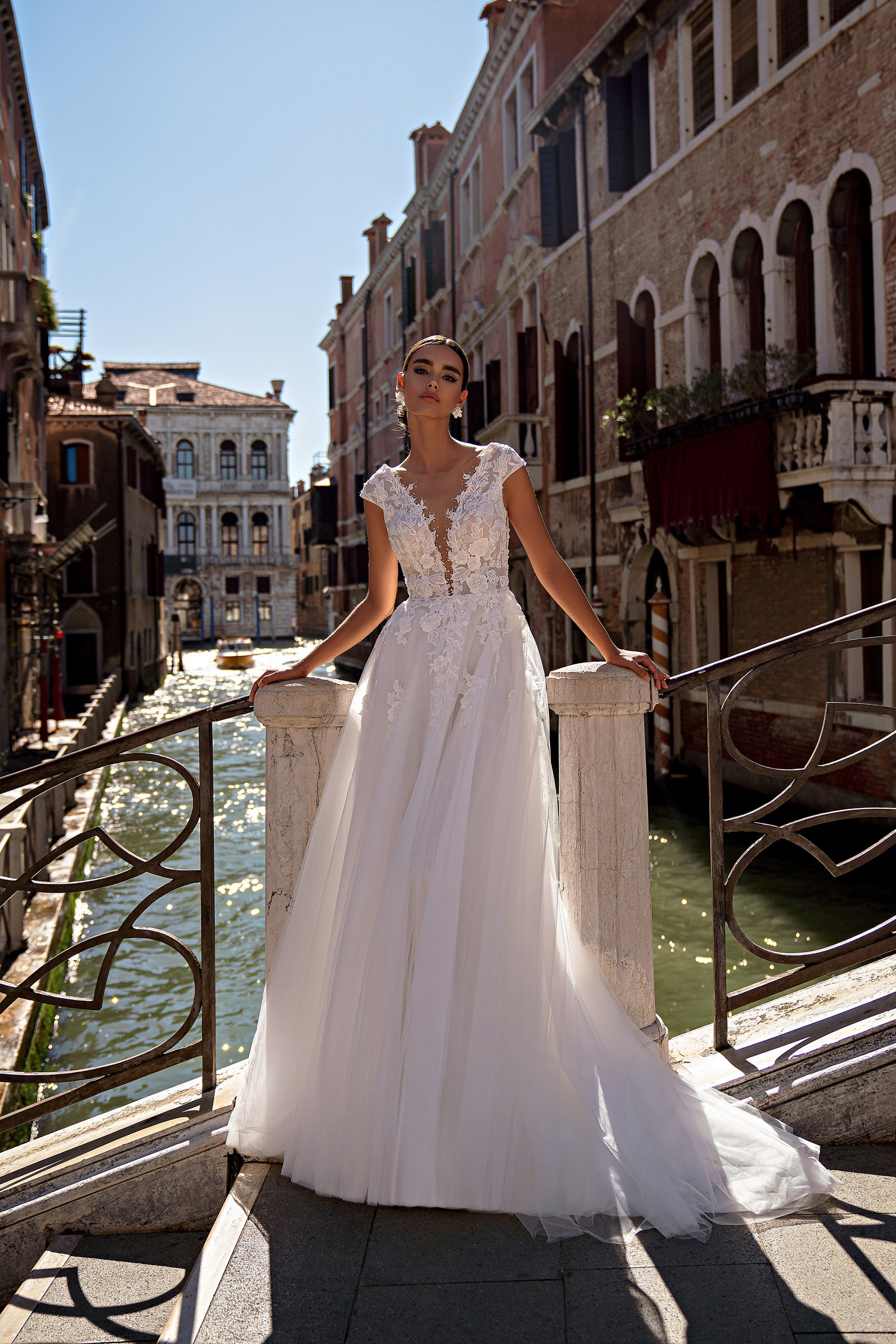 A-Line Lace Wedding Dress with Cap Sleeves and V-Neck