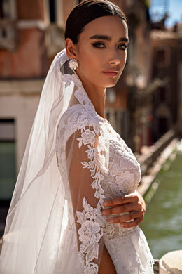 A-Line Lace Wedding Dress with Cap Sleeves and V-Neck