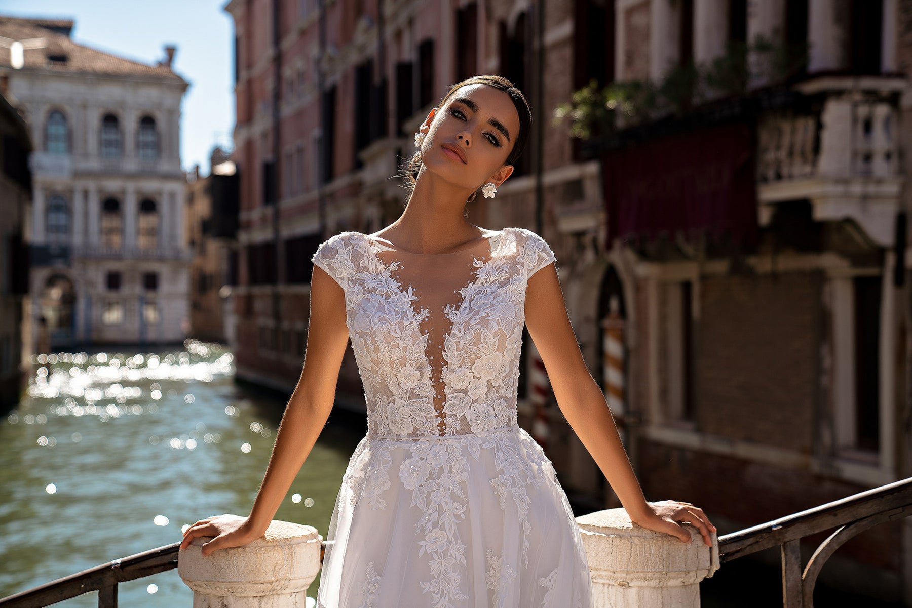 A-Line Lace Wedding Dress with Cap Sleeves and V-Neck