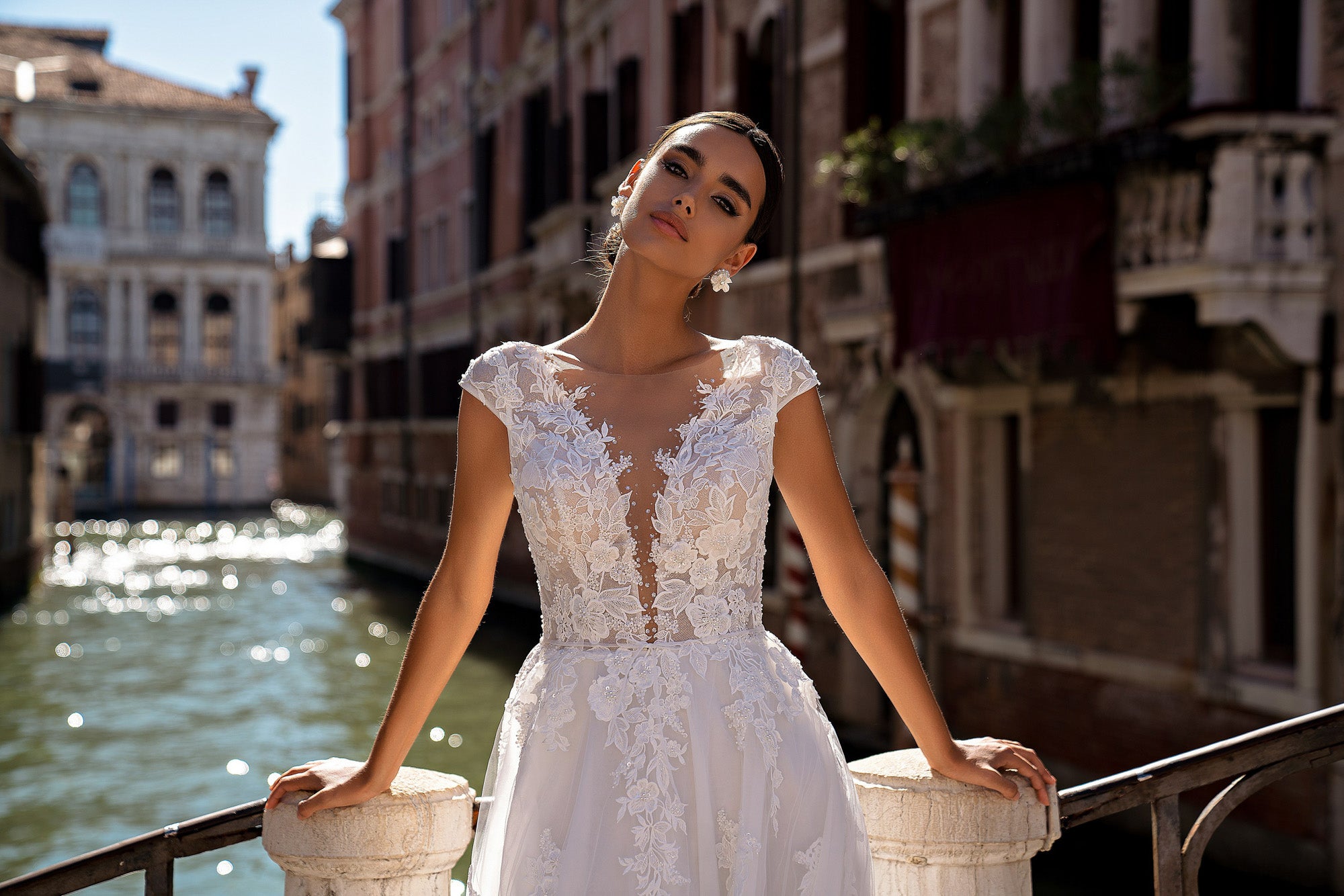 A-Line Lace Wedding Dress with Cap Sleeves and V-Neck