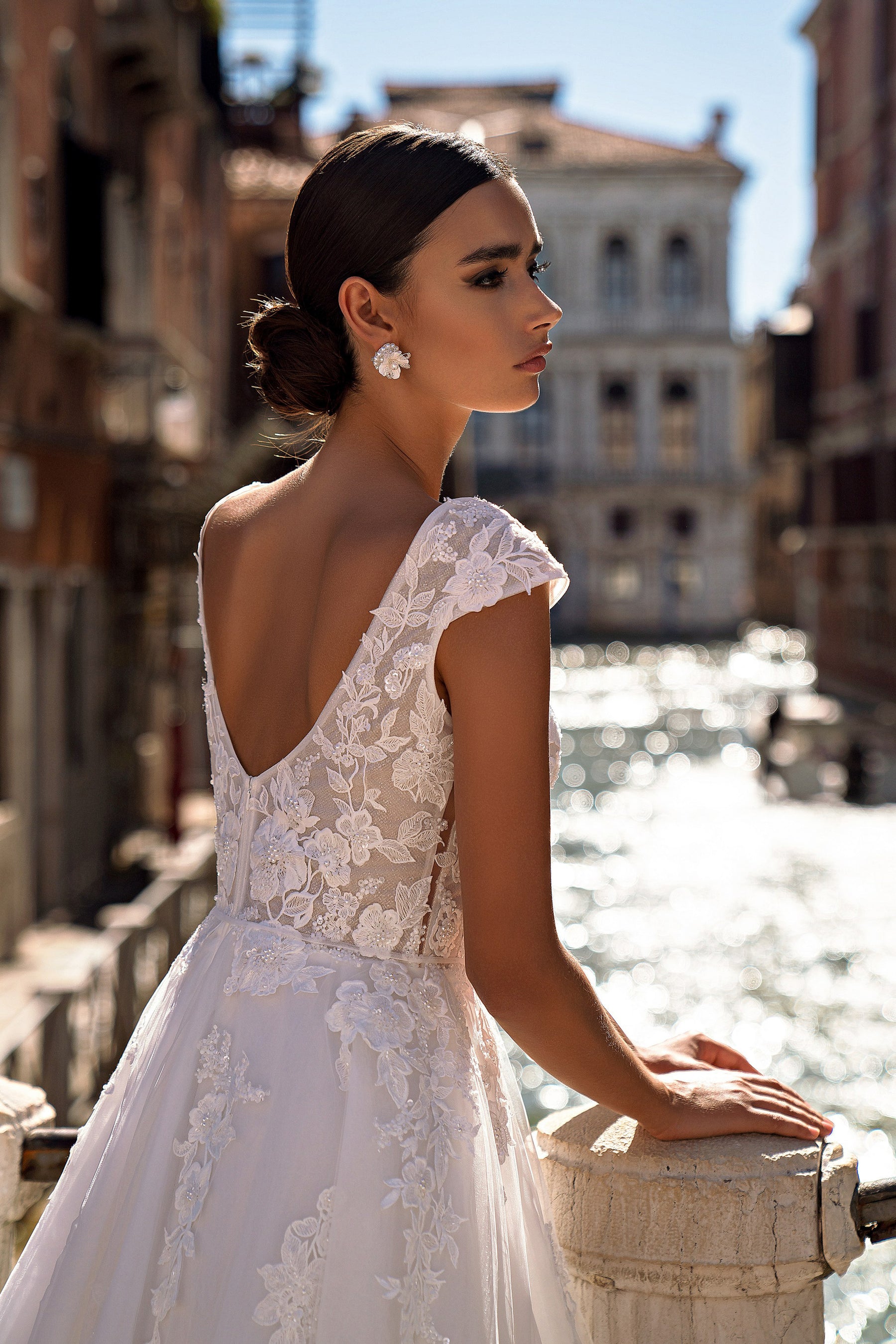 A-Line Lace Wedding Dress with Cap Sleeves and V-Neck