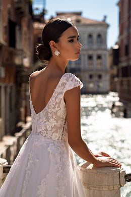 A-Line Lace Wedding Dress with Cap Sleeves and V-Neck
