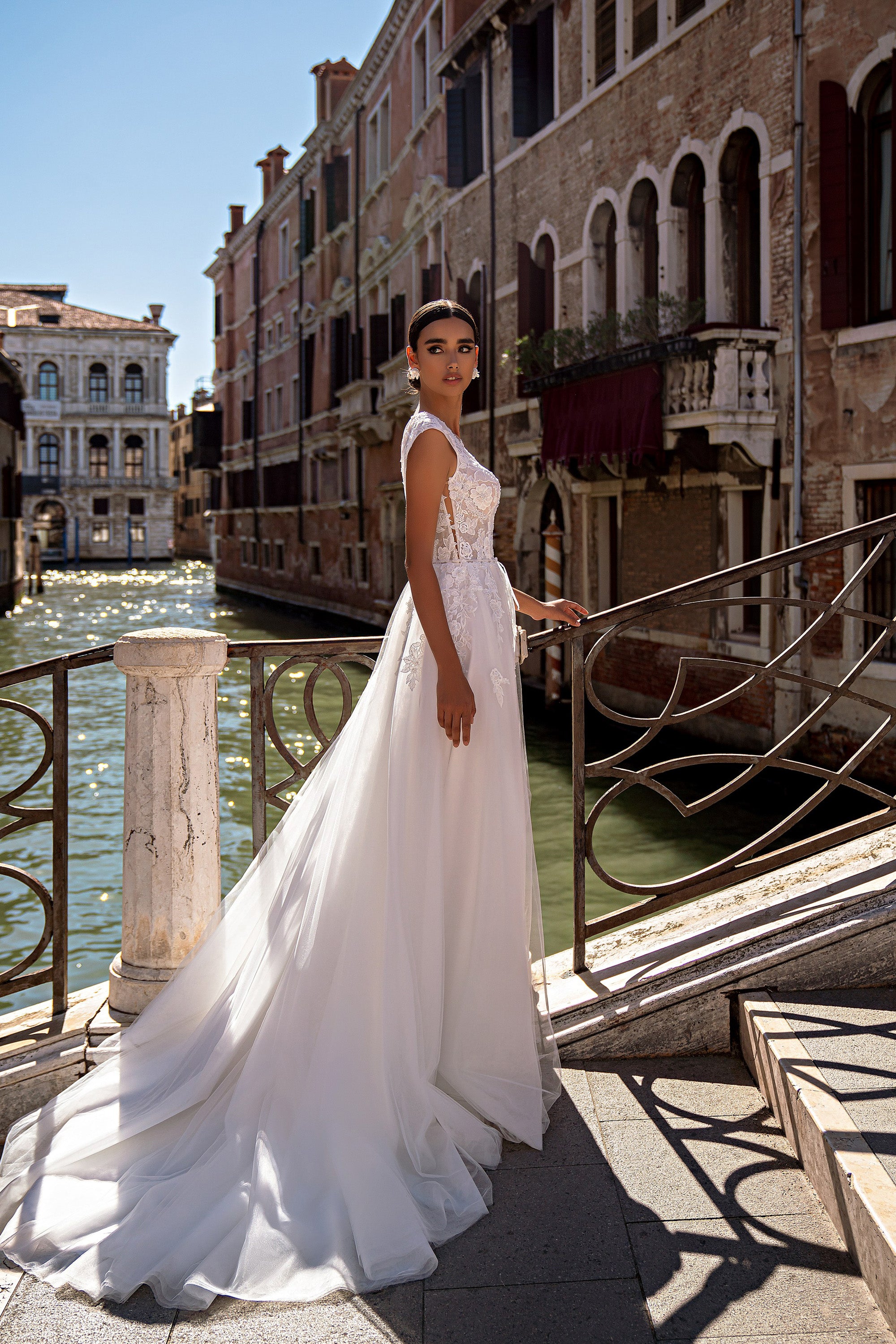 A-Line Lace Wedding Dress with Cap Sleeves and V-Neck
