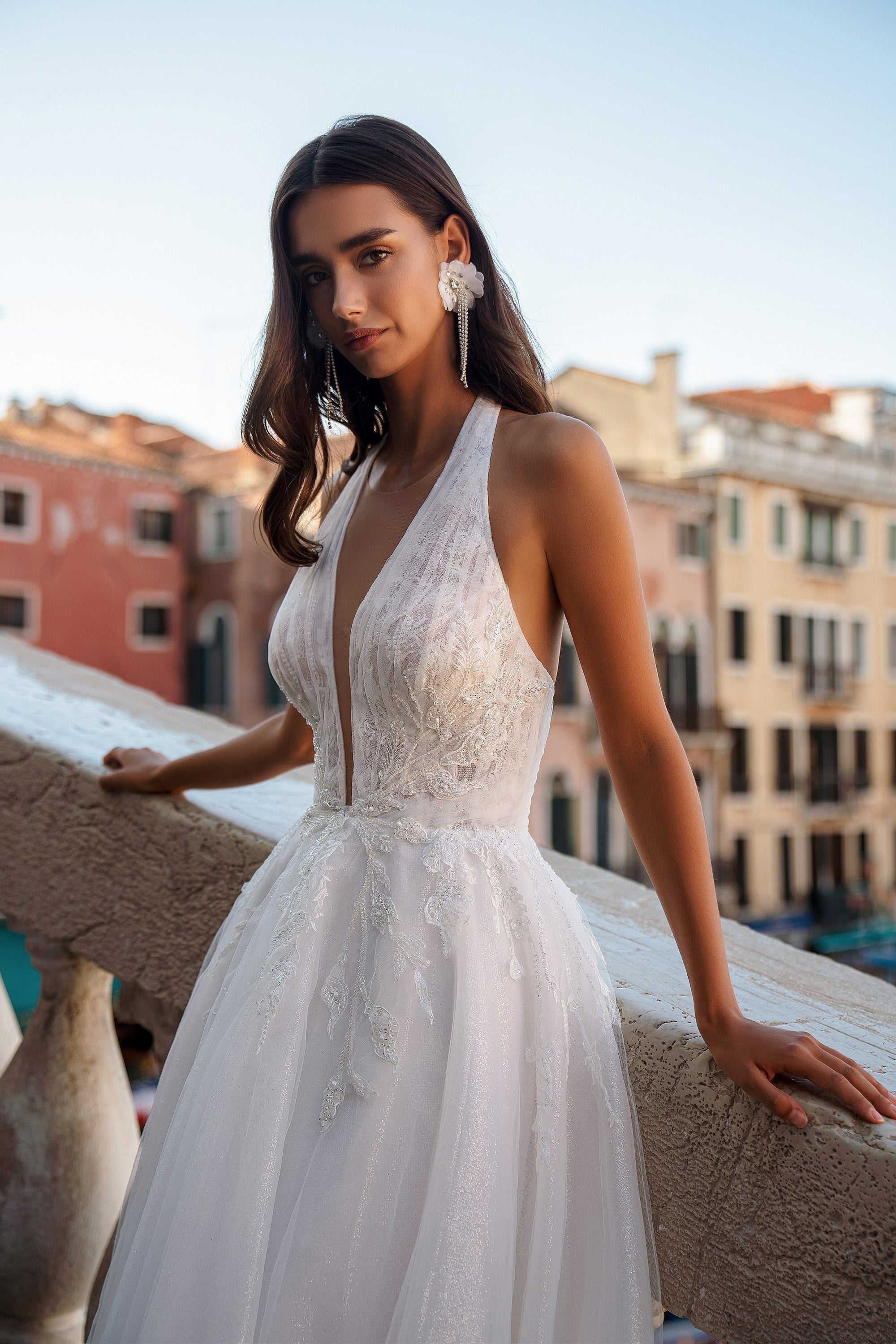 A-Line Halter Wedding Dress with Lace Bodice and Open Back