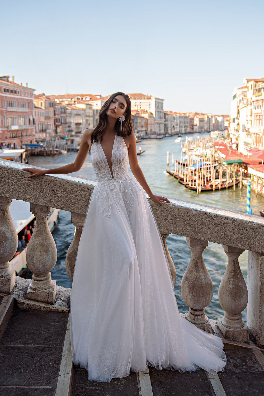 A-Line Halter Wedding Dress with Lace Bodice and Open Back