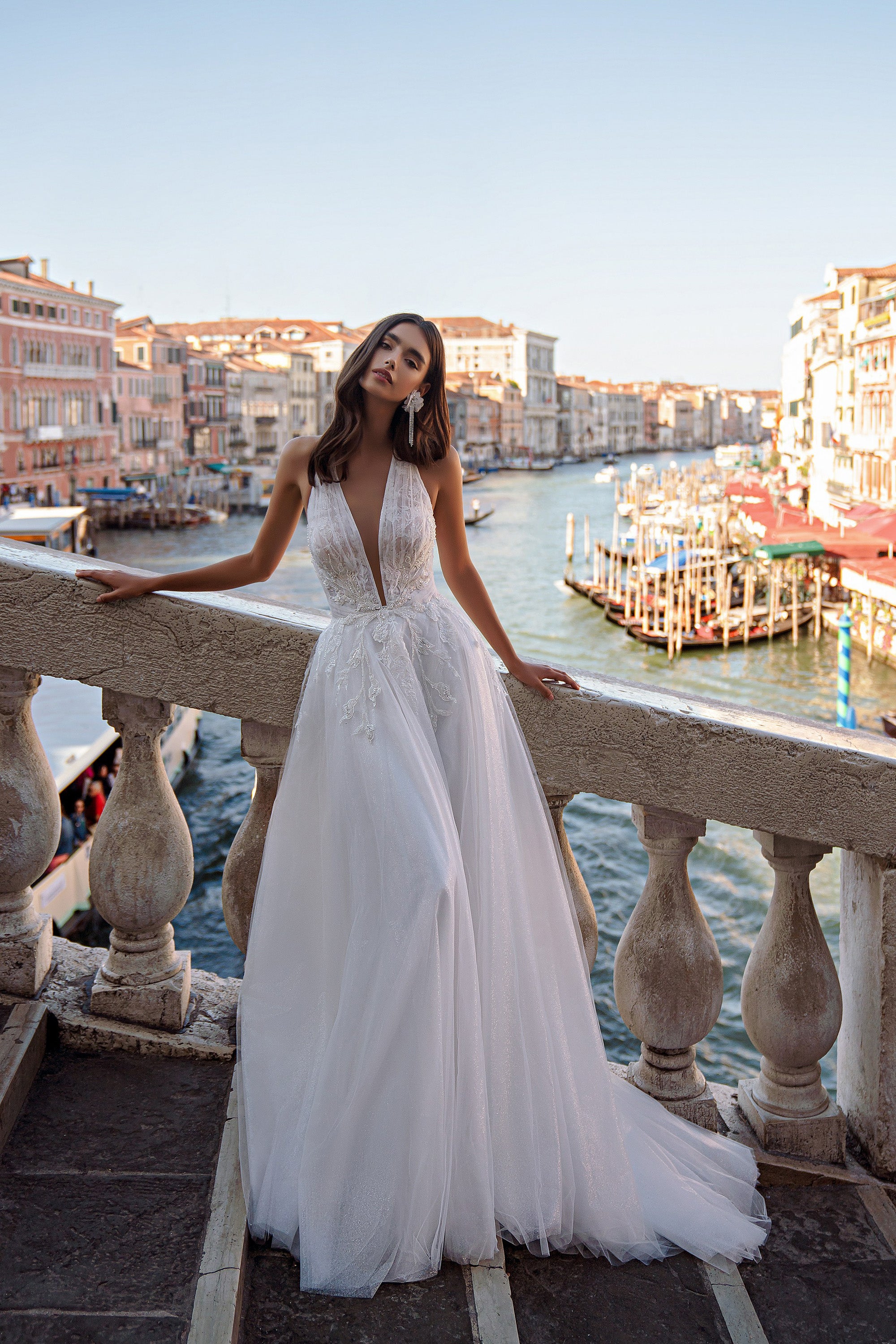 A-Line Halter Wedding Dress with Lace Bodice and Open Back