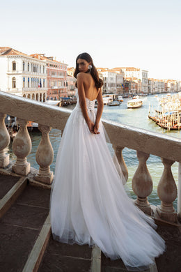 A-Line Halter Wedding Dress with Lace Bodice and Open Back