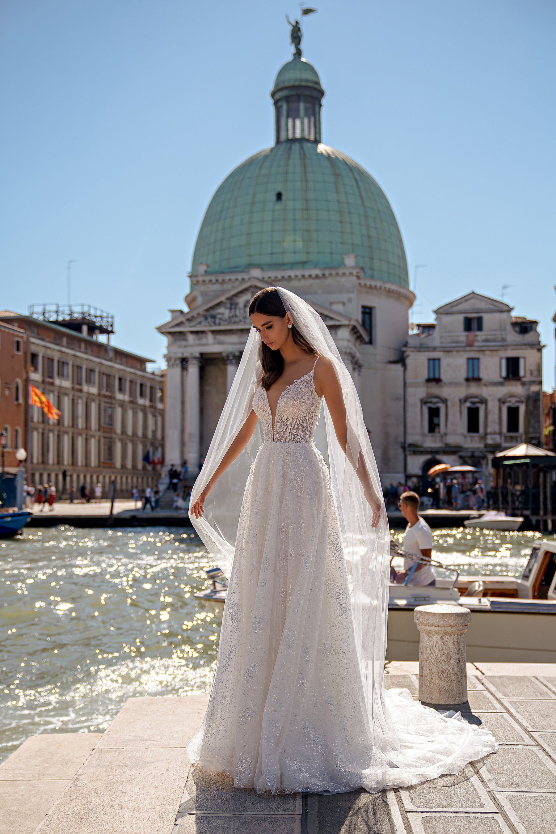 A-Line V-Neck Wedding Dress with Beaded Lace Bodice