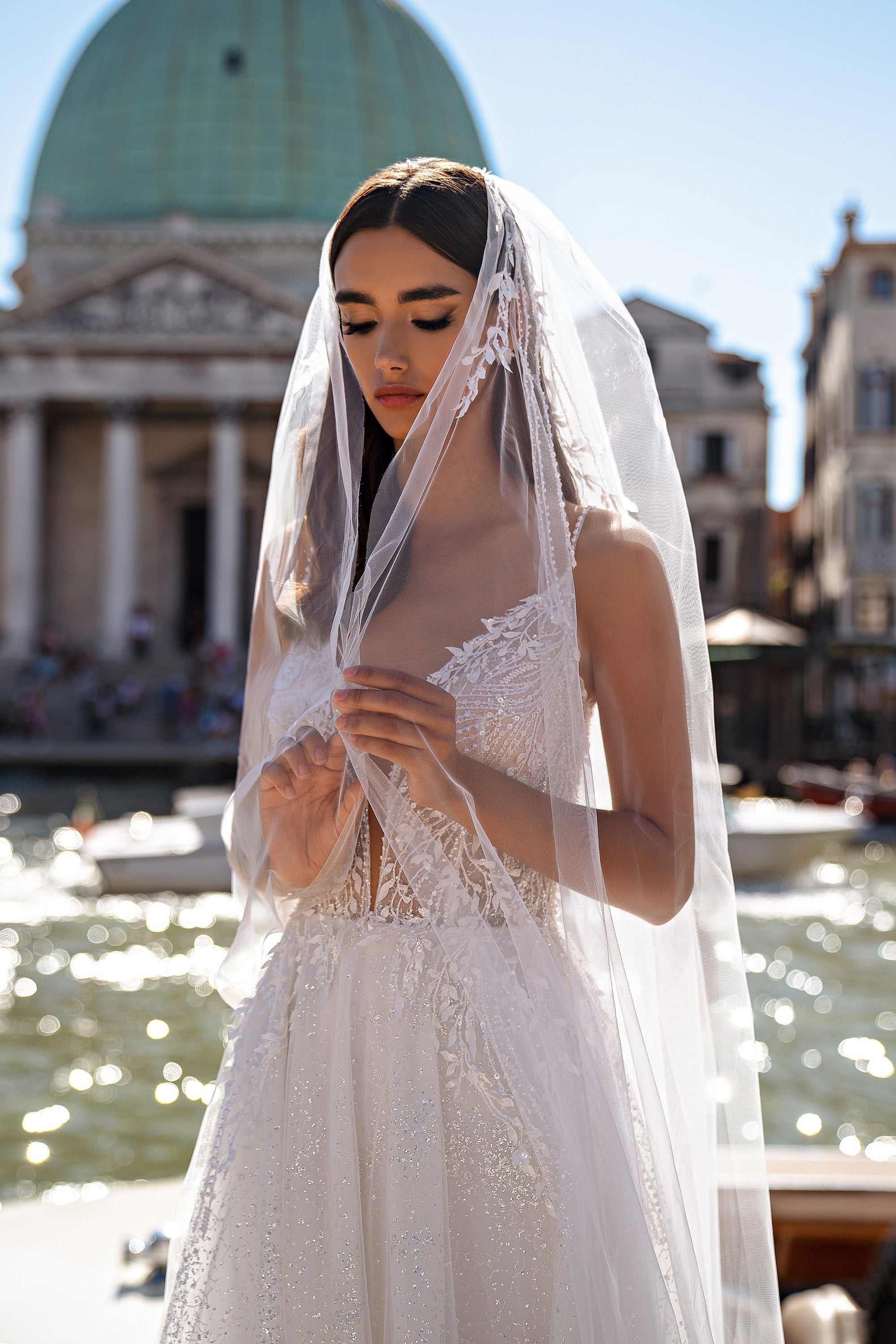 A-Line V-Neck Wedding Dress with Beaded Lace Bodice