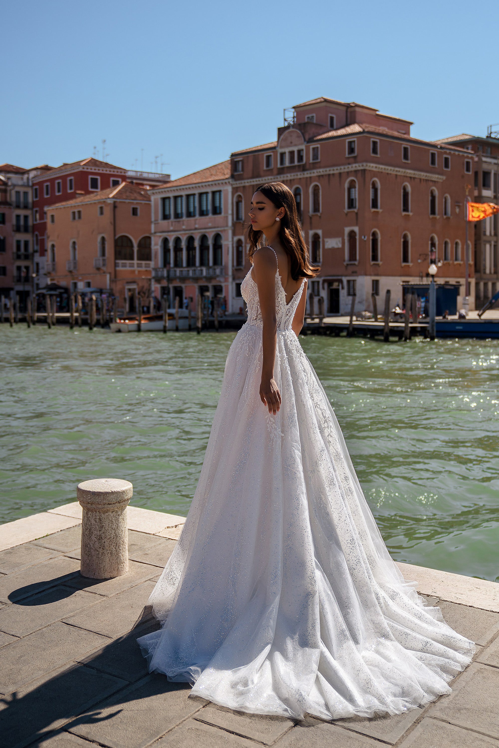 A-Line V-Neck Wedding Dress with Beaded Lace Bodice