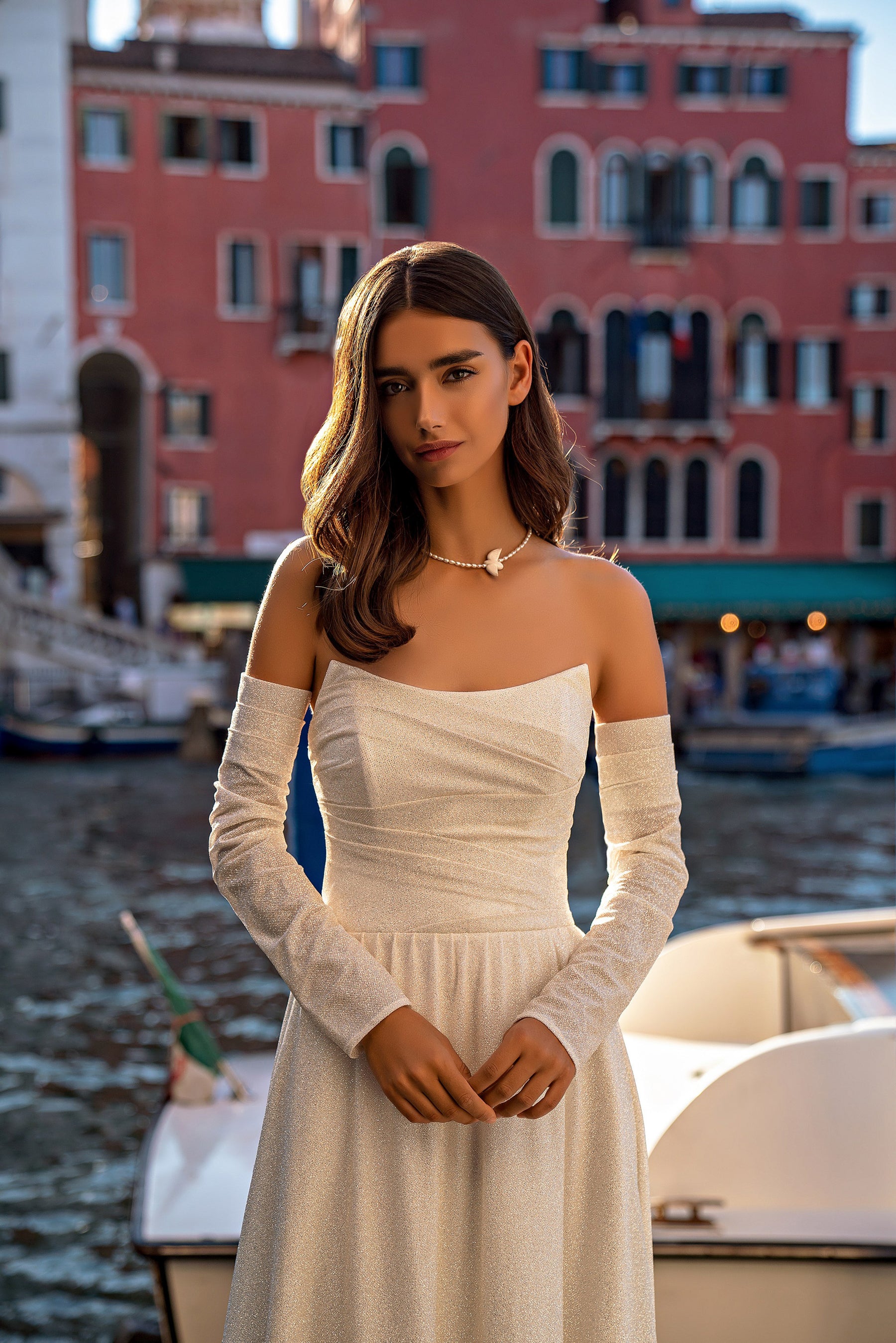 Sparkly A-Line Wedding Dress with Straight Neckline and Detachable Sleeves