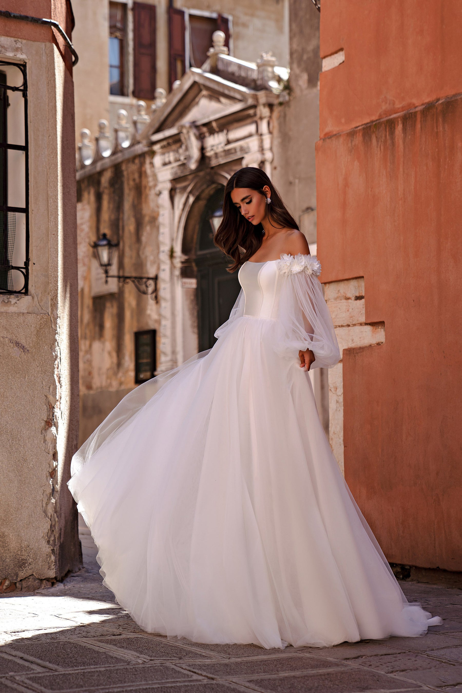 A-Line Wedding Dress with Floral Detachable Sleeves