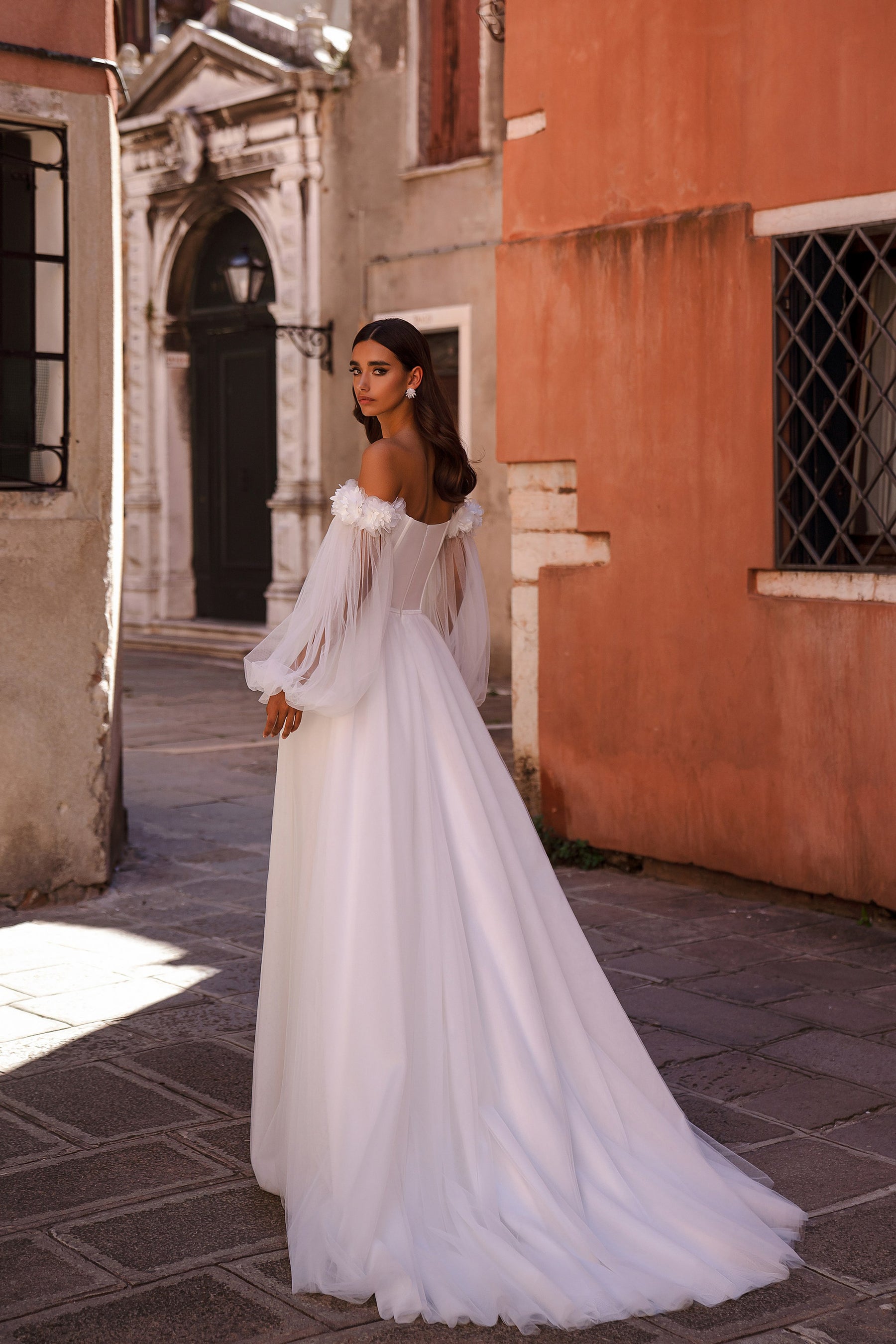 A-Line Wedding Dress with Floral Detachable Sleeves