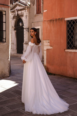 A-Line Wedding Dress with Floral Detachable Sleeves