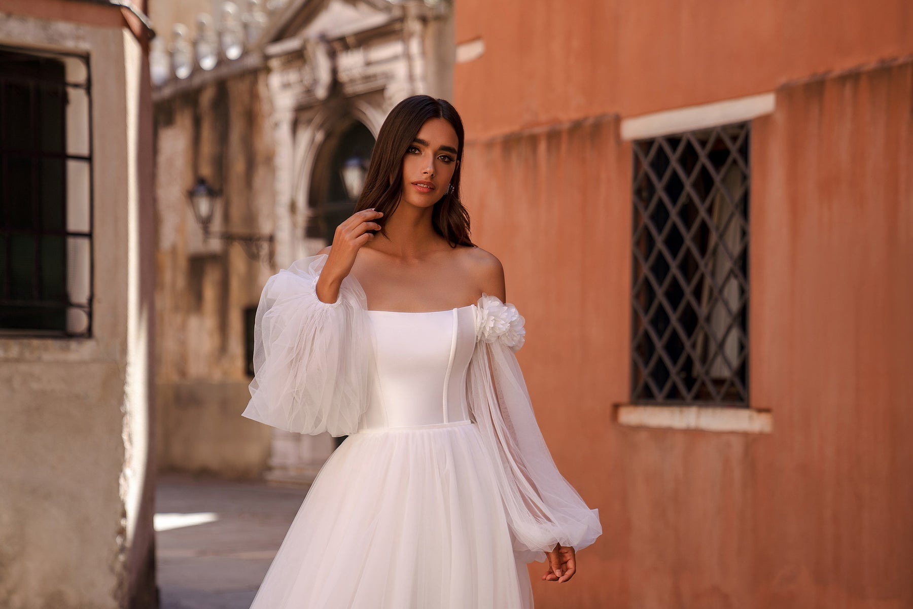 A-Line Wedding Dress with Floral Detachable Sleeves