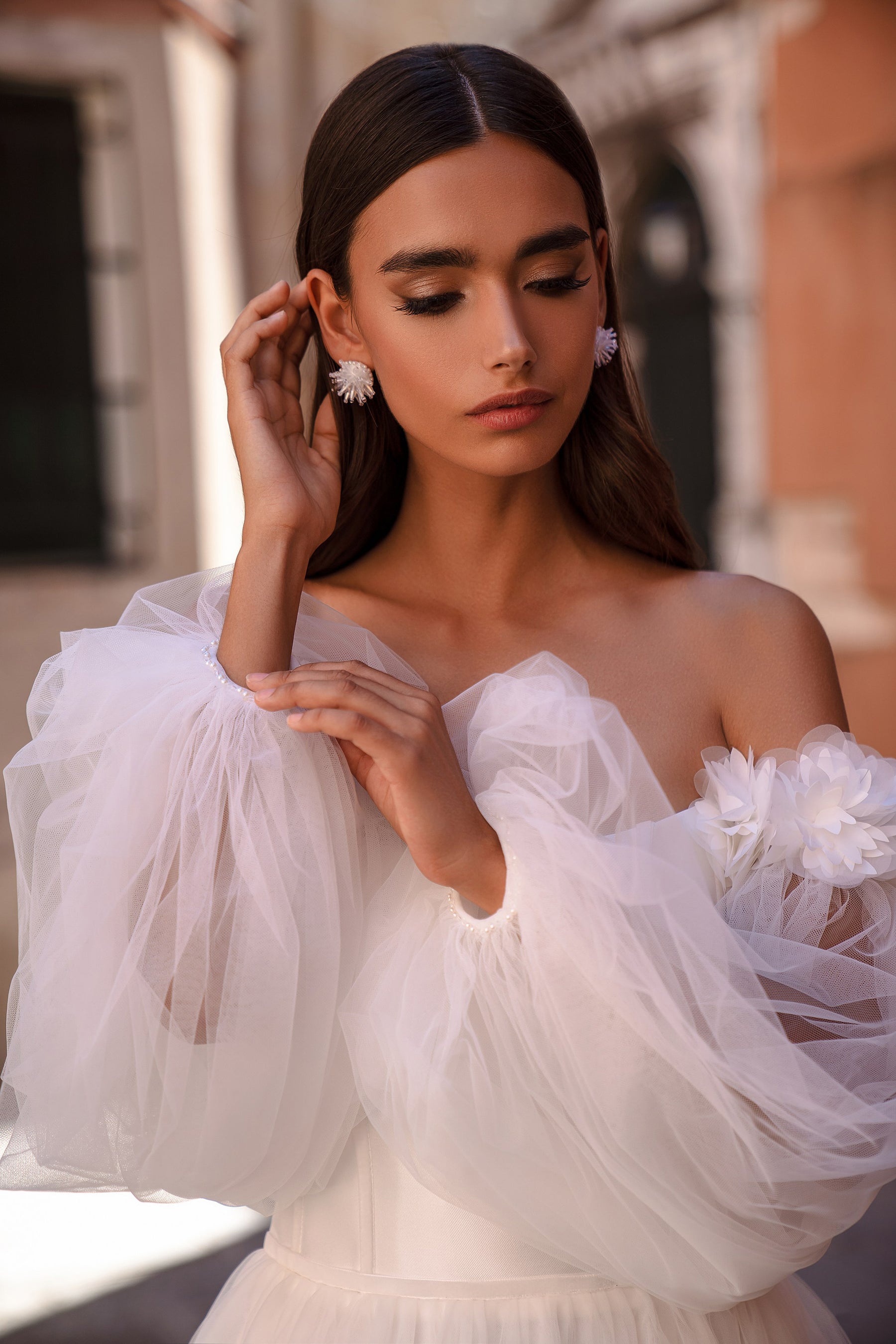 A-Line Wedding Dress with Floral Detachable Sleeves