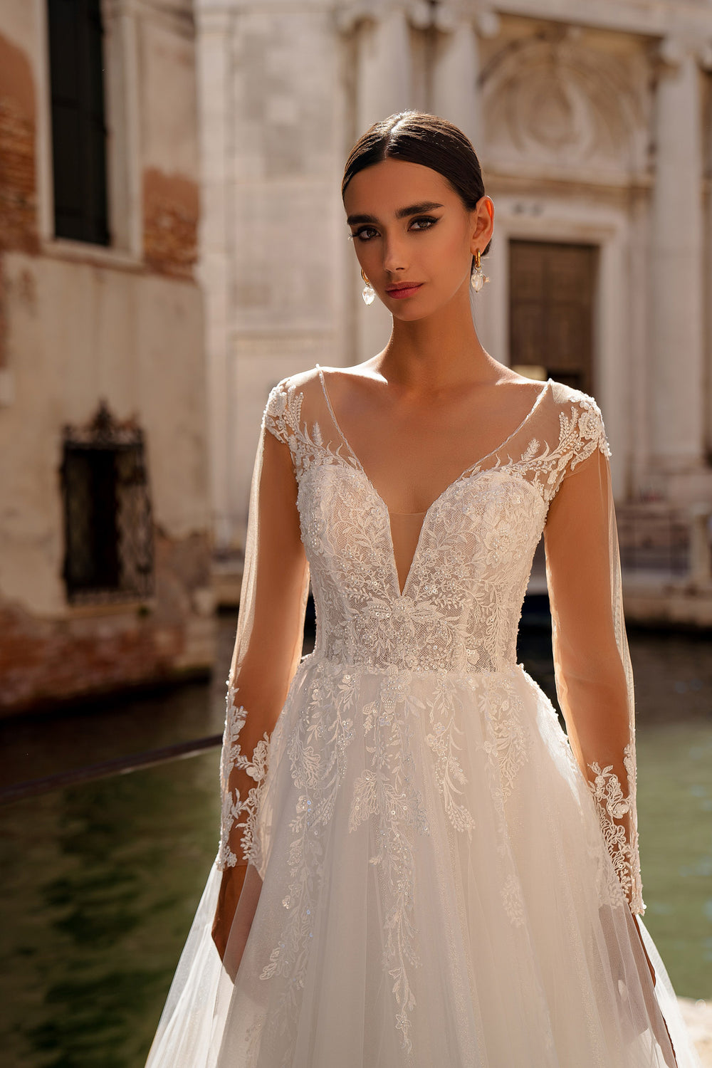 A-Line Wedding Dress with Illusion Long Sleeves and Lace Appliqués