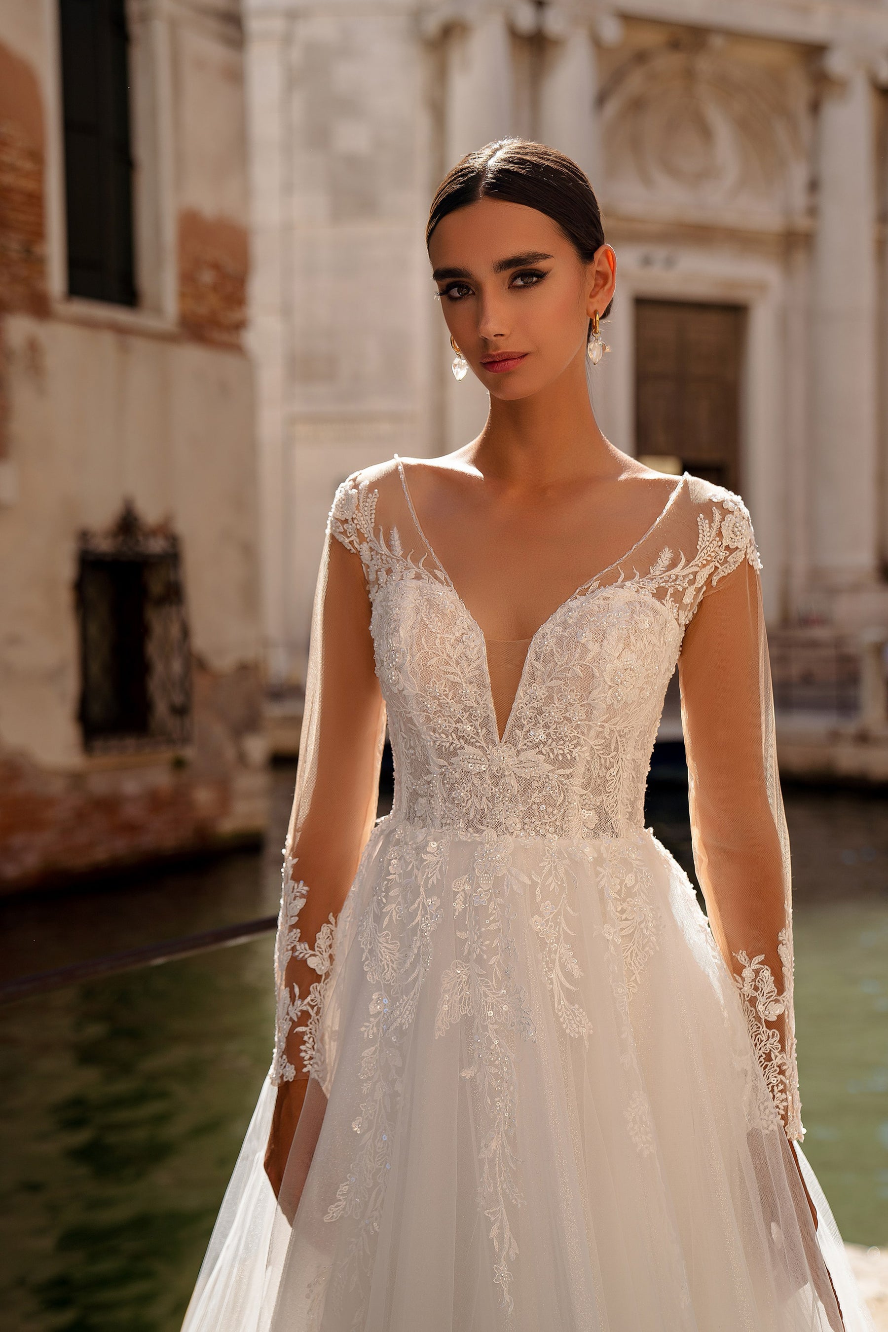 A-Line Wedding Dress with Illusion Long Sleeves and Lace Appliqués