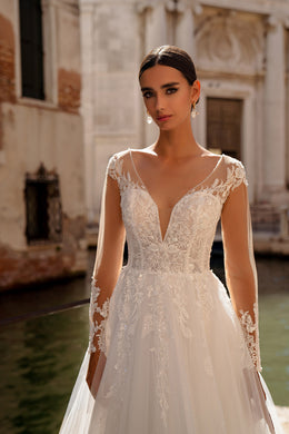 A-Line Wedding Dress with Illusion Long Sleeves and Lace Appliqués