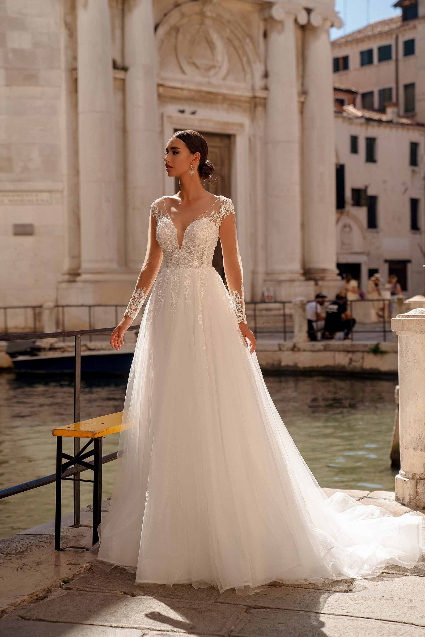 A-Line Wedding Dress with Illusion Long Sleeves and Lace Appliqués