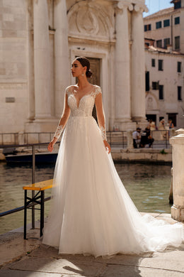 A-Line Wedding Dress with Illusion Long Sleeves and Lace Appliqués