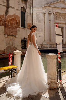 A-Line Wedding Dress with Illusion Long Sleeves and Lace Appliqués